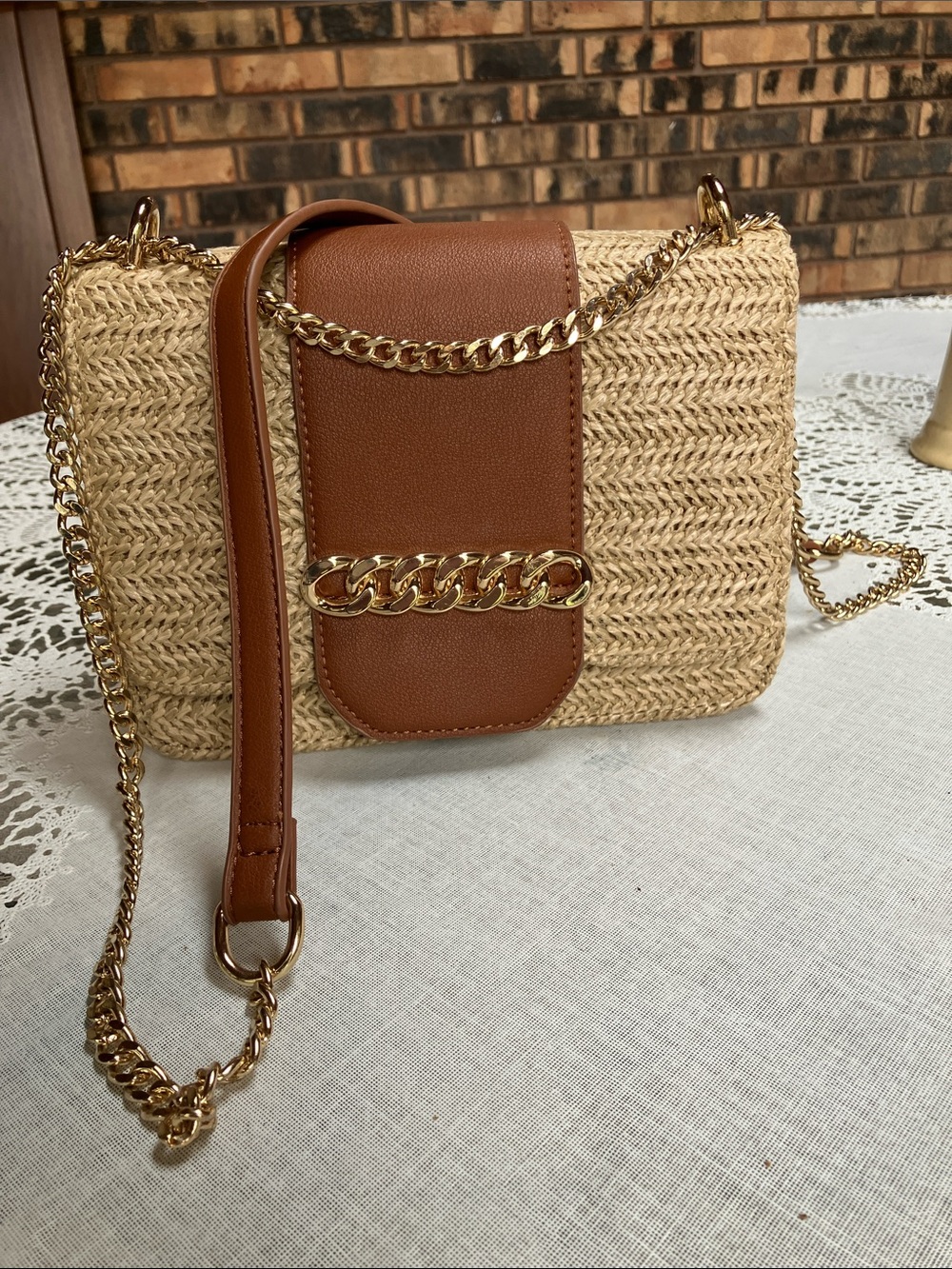 Woven Straw Crossbody Bag with Brown Leather Accent